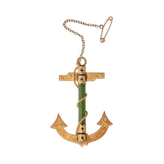 New Zealand Colonial Gold Greenstone Anchor Brooch